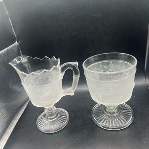 Elegant Frosted Glass Creamer and Sugar Bowl Set with pioneer scene
